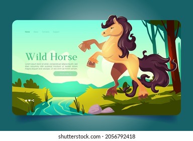 Wild horse in forest landscape cartoon landing page. Beautiful animal rears up at on the bank of stream at summer wood background with green trees, grass and mountains, fairytale Vector web banner