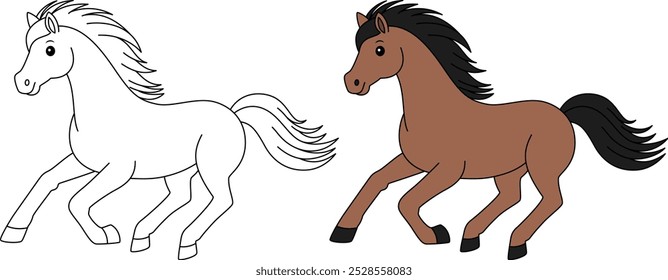 Página para colorear de contorno de galope de caballo salvaje. Navidades e ilustración de animales de invierno 