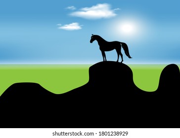 Wild horse on the cliff at the sunset flat vector illustration. Beautiful nature landscape, meadow, horizon and mountains.