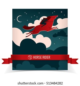 Wild horse poster with red ribbon flying red horse and black horseman vector illustration