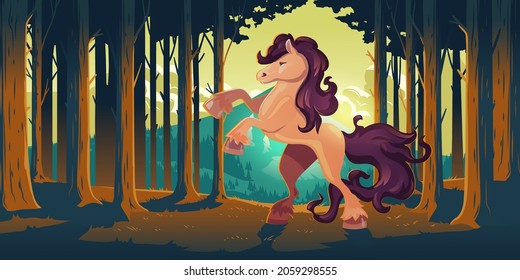 Caballo salvaje criándose en el bosque. Estallión majestuoso en la naturaleza. Dibujo vectorial del paisaje de los bosques con troncos de árboles, montañas en el horizonte y mustanos con hermosos hombres y cola