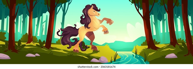 Wild Horse Rearing Up In Summer Forest. Vector Cartoon Illustration Of Stallion And Woodland Landscape With Trees, Brook, Green Grass Mountains On Horizon. Mustang With Beautiful Mane And Tail