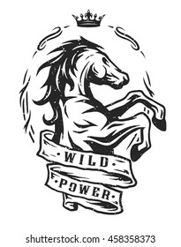Wild horse and ribbon for text. Vintage emblem, t-shirt graphics.