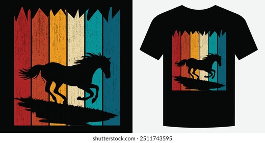 Wild Horse running in freedom Retro Vintage T Shirt Design Background vector illustration