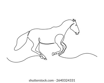 Wild horse single outline illustration. Continuous line art drawing of horse. Editable stroke.