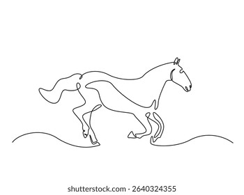 Wild horse single outline illustration. Continuous line art drawing of horse. Editable stroke.