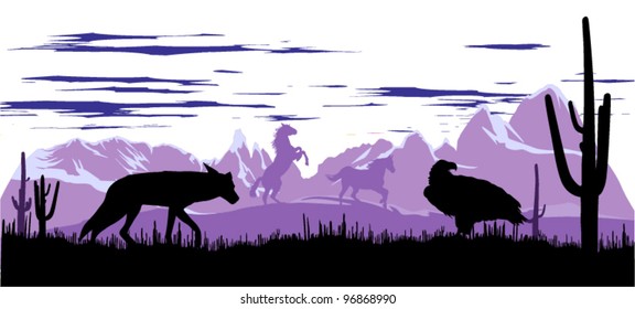 Wild horses, coyote and eagle in the steppes of Argentina at dawn