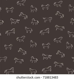 wild horses doodle illustration collection, vector seamless cartoon animals pattern.
