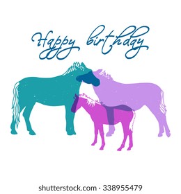 Wild horses with foal. "Happy birthday" quote