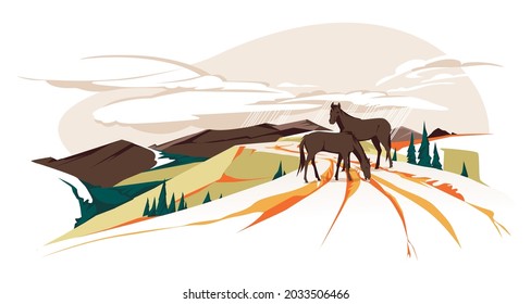 Wild horses graze on a mountain road. Autumn landscape. Color flat vector illustration 