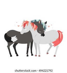 Wild horses hugging. Romantic clip art.