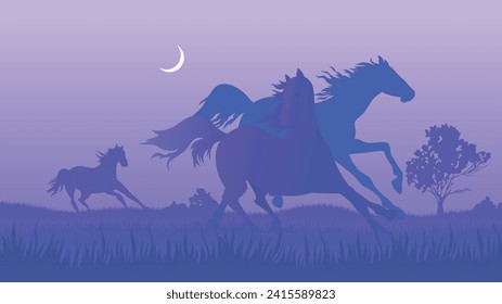 Wild horses run across the night steppe under the moon