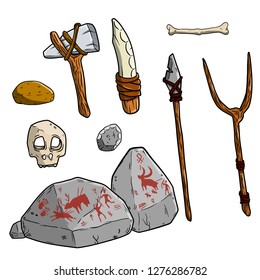 Wild hunter's weapon. Set of tool prehistoric caveman. Stones painting, stone axe, skull and bones, the fork of the stick, a wooden spear and a knife.