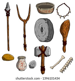 Wild hunter's weapon. Set of tool prehistoric caveman. Stones painting, stone axe, bones, the fork of the stick, a wooden spear, wheel.