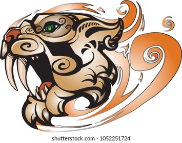 Wild Ice Age Saber tooth head with big fangs and flame background