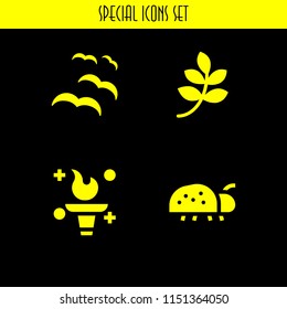 wild icon. 4 wild set with branch with leaves black shape, fire, ladybug and bird vector icons for web and mobile app