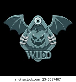 Wild icon for casino slots. Template stone background for icons. Stone shield with pumpkin