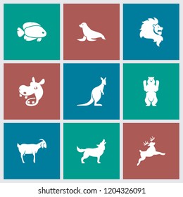 Wild icon. collection of 9 wild filled icons such as bear, kangaroo, goat, hippopotamus, lion, deer, wolf, fish. editable wild icons for web and mobile.