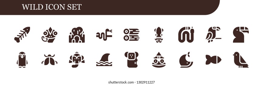  wild icon set. 18 filled wild icons.  Simple modern icons about  - Fishbone, Chameleon, Cave, Snake, Woods, Squid, Parrot, Toucan, Penguin, Ladybug, Elephant, Shark, Koala, Toad