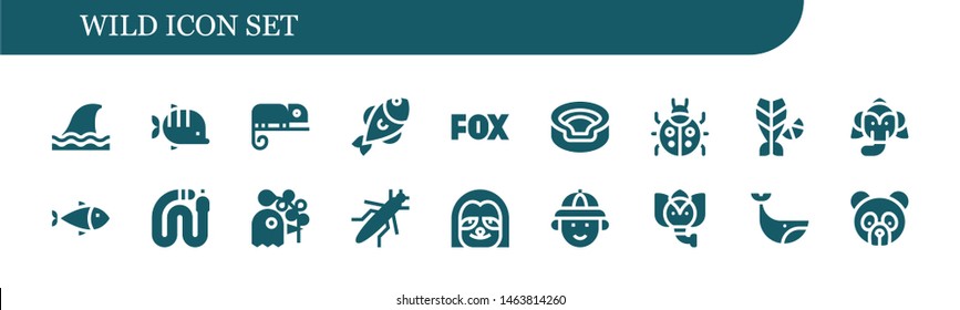 wild icon set. 18 filled wild icons.  Simple modern icons about  - Shark, Fish, Chameleon, Fox, Animal, Ladybug, Elephant, Snake, Pigeon, Grasshopper, Sloth, Hunter, Whale, Panda bear