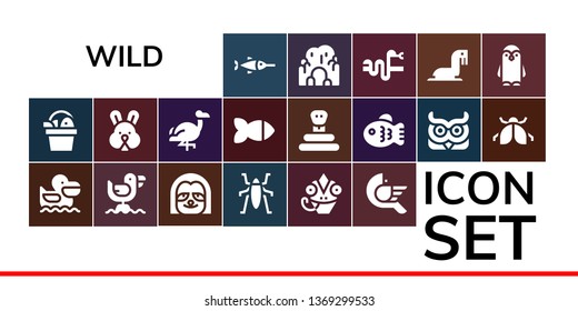 wild icon set. 19 filled wild icons.  Collection Of - Swordfish, Fish, Pelican, Seagull, Sloth, Insect, Chameleon, Bird, Rabbit, Flamingo, Snake, Owl, Ladybug, Cave, Sea lion