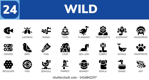 wild icon set. 24 filled wild icons.  Collection Of - Fish, Ladybug, Snake, Toad, Flamingo, Troglodyte, Elephant, Headdress, Woods, Bird, Fins, Cave, Sea lion, Cobra, Whale, Pawprints