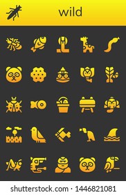 wild icon set. 26 filled wild icons.  Simple modern icons about  - Ant, Grasshopper, Fish, Cobra, Giraffe, Snake, Panda bear, Revolver, Toad, Elephant, Ladybug, Buck, Prairie