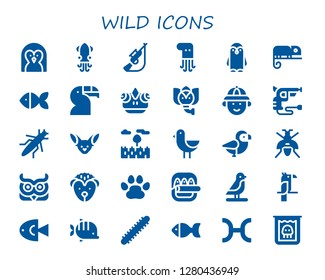  wild icon set. 30 filled wild icons. Simple modern icons about  - Penguin, Squid, Hunting, Octopus, Chameleon, Fish, Toucan, Elephant, Hunter, Revolver, Grasshopper, Fennec, Prairie