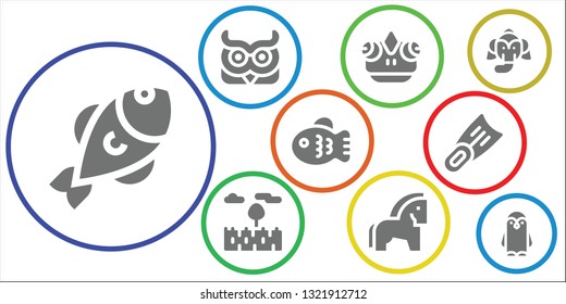 wild icon set. 9 filled wild icons.  Simple modern icons about  - Fish, Owl, Chameleon, Prairie, Horse, Fins, Elephant, Penguin
