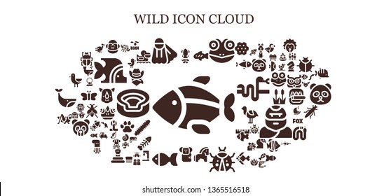 wild icon set. 93 filled wild icons.  Collection Of - Fish, Squid, Monkey, Fins, Frog, Horse, Ladybug, Koala, Grasshopper, Bird, Ant, Prairie, Flamingo, Seagull, Cowboy, Pelican