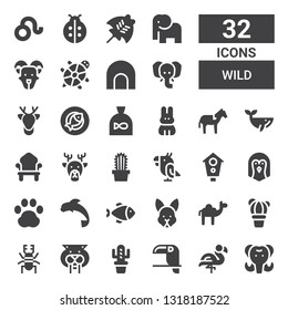 wild icon set. Collection of 32 filled wild icons included Mammoth, Flamingo, Toucan, Cactus, Saber toothed tiger, Beetle, Camel, Rabbit, Fish, Dolphin, Pawprint, Penguin, Aviary