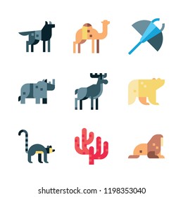 wild icon set. vector set about polar bear, lemur, camel and manta ray icons set.