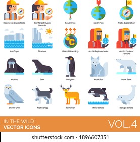 In The Wild Icons Including Rainforest Guide, South, North Pole, Arctic Exploration, Ice Cap, Glacier, Global Warming, Explorer, Walrus, Seal, Penguin, Fox, Polar Bear, Snowy Owl, Reindeer, Beluga.