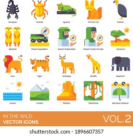 In the wild icons including scorpion, iguana, fennec fox, vulture, meerkat, desert expedition, guide, savanna, lion, tiger, antelope, giraffe, elephant, ocean, tundra, plateau, rainforest, monsoon.