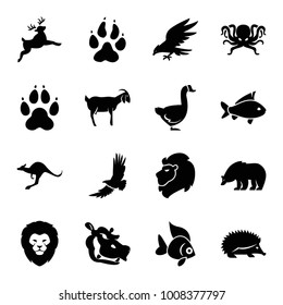 Wild icons. set of 16 editable filled wild icons such as animal paw, lion, bear, hedgehog, kangaroo, goat, hippopotamus, fish, eagle, octopus, deer