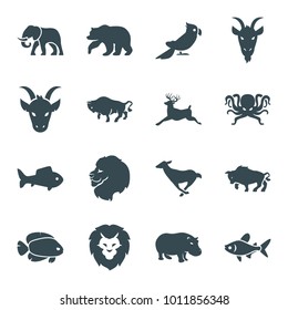 Wild icons. set of 16 editable filled wild icons such as bear, lion, buffalo, deer, hippopotamus, goat, fish, octopus, elephant, antelope