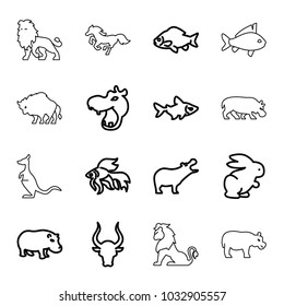 Wild icons. set of 16 editable outline wild icons such as rabbit, hippopotamus, fish, bull, lion, buffalo, kangaroo