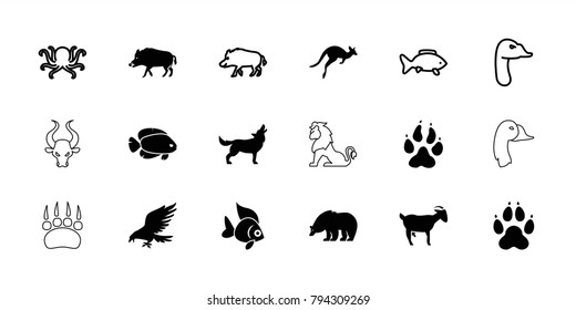 Wild icons. set of 18 editable filled and outline wild icons: animal paw, hog, bear, eagle, octopus, goose, fish, kangaroo, wolf, goat, lion