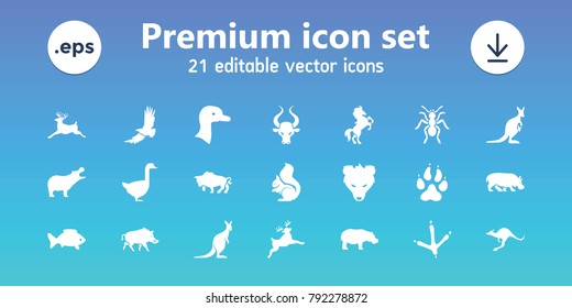 Wild icons. set of 21 editable filled wild icons includes goose, animal paw, hippopotamus, footprint of  icobird, squirrel, deer, kangaroo, fish, hog, horse, eagle, buffalo