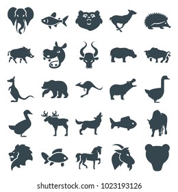 Wild icons. set of 25 editable filled wild icons such as bear, hippopotamus, lion, horse, hedgehog, antelope, kangaroo, goose, buffalo, elephant, fish, hog, moose, goat, bull