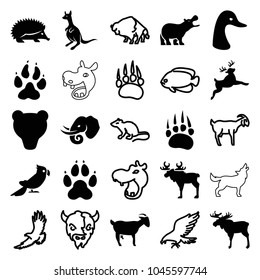 Wild icons. set of 25 editable filled and outline wild icons such as animal paw, moose, hedgehog, goose, kangaroo, elephant, bear, hippopotamus, eagle, mouse, buffalo, fish