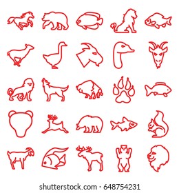 Wild icons set. set of 25 wild outline icons such as lion, animal paw, moose, fish, bear, buffalo, goat, antelope, squirrel, deer, horse, wolf