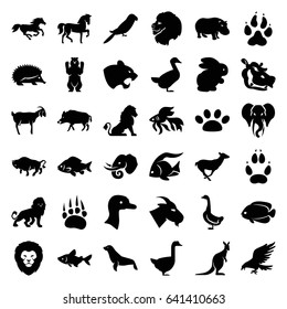 Wild icons set. set of 36 wild filled icons such as rabbit, goose, animal paw, lion, hog, fish, eagle, horse, hedgehog, bear, panther, goat, buffalo, antelope, parrot
