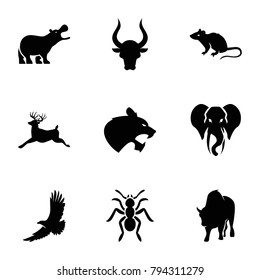 Wild icons. set of 9 editable filled wild icons such as mouse, eagle, bull, deer, buffalo, elephant, hippopotamus, panther