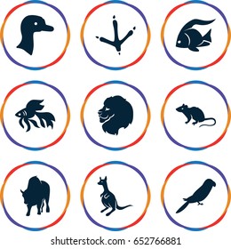 Wild icons set. set of 9 wild filled icons such as goose, fish, lion, footprint of  icobird, mouse, kangaroo, parrot