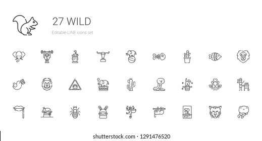 wild icons set. Collection of wild with dinosaur, sloth, monkey, bunny, ant, chameleon, fangs, rabbit, snake, cactus, elephant, paw, lion, pigeon. Editable and scalable wild icons.