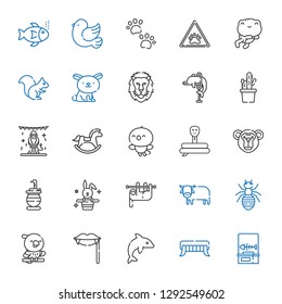 wild icons set. Collection of wild with fishbone, fangs, dolphin, parrot, ant, ox, sloth, rabbit, snake, monkey, bird, horse, animals, cactus. Editable and scalable wild icons.