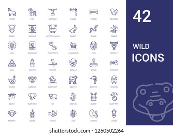wild icons set. Collection of wild with horse, fish, buffalo, fangs, squirrel, camel, animals, hippopotamus, rabbit, snake, lion, dinosaur, pawprints. Editable and scalable wild icons.