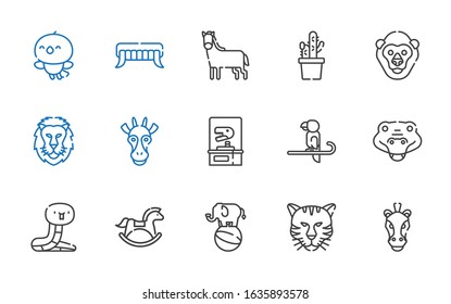 wild icons set. Collection of wild with horse, tiger, elephant, snake, crocodile, parrot, dinosaur, giraffe, lion, gorilla, cactus, fangs, bird. Editable and scalable wild icons.