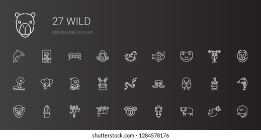 wild icons set. Collection of wild with ox, horse, monkey, sloth, cactus, gorilla, walrus, swans, snake, bunny, parrot, elephant, frog, fishes. Editable and scalable wild icons.